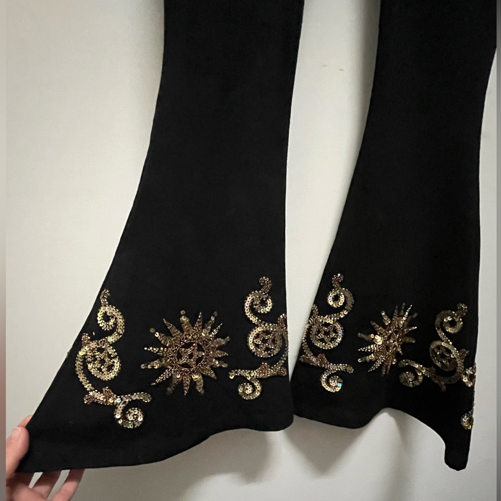 Elegant Black Flare Pants with Gold Embroidery